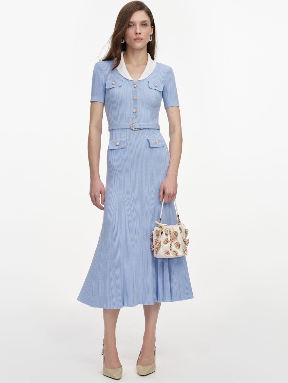 NWOT Self-Portrait BLUE RIBBED KNIT MIDI DRESS